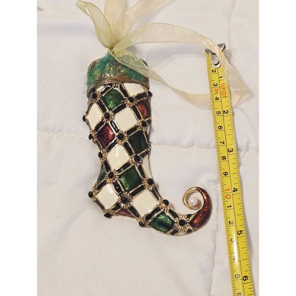 Vtg Brass Christmas Cloissone Enamel Glass Ornament Elf Boot Holiday Decor Gift - Picture 5 of 5